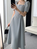 Huidianyin Women Summer Casual French Midi Party Dress Ladies Slim Loose Pleated A-Line Business Vestidos Femme Fashion Clothes Robe