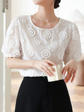 huidianyin White Embroidered Lace Blouse Short Sleeve Woman Vintage Elegant Flowers Shirt Top Women Loose O Neck Slim Blouses 22361
