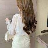 huidianyin Ruffle Lace Chiffon Shirt Elegant Sweet Chic Long Puff Sleeve Women Blouse Apricot Tops Stand Collar Clothes Blusas 13433