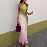 Huidianyin Tie Dye Long Dress Women Asymmertic Satin Backless Dress Woman Off Shoulder Sexy Evening Party Dresses Midi Summer Dresses