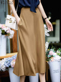 Huidianyin 2023 Fashion Autumn High Waist Skirt Elegant Women Office Lady Satin A-line Midi Skirts Summer Solid Faldas Saia Jupe