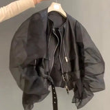 Huidianyin Perspective Long Sleeves Bomber Jacket Spring Vintage Coat For Women Leather PU Bubble Mesh Belt Zipper Short Coat Female