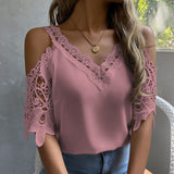huidianyin Off Shoulder Lace Blouse Women Elegant V-Neck Hollow Out Short Sleeve Tops Mujer Ladies Loose Shirts Casual Clothes 25711