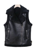 Huidianyin Faux Fur Vest Women Sheepskin Waistcoat Jacket Chic Lady Moto Biker Leather Jacket Fleece Warm Coat Woman Sleeveless