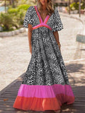 Huidianyin Bohemian Women Dress 2023 Summer Leopard Print Patchwork Maxi Vestidos Casual Short Sleeve Lady V-neck Oversized Sundress