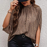 huidianyin Vintage Leopard Print Shirt Elegant Summer Blouse Lace-Up Batwing Short Sleeve Loose Casual Stand Collar Fashion Tops 25320