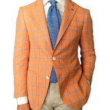 Huidianyin Men's Suit Coat Casual Fashion Orange Plaid Print Polo Collar Suit Coat Long Sleeve Double Button Casual Daily Wear Coat