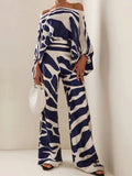 Huidianyin Printed Women's Satin 2 Piece Set Sexy Off Shoulder Long Lantern Sleeve Top Wide Leg Pants Suit 2023 Office Lady Outfit