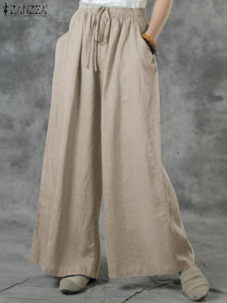 ZANZEA Women Summer Elastic Waist Loose Solid Pants Ladies Cotton