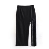 Huidianyin Tassel Slit Midi Skirt Woman Summer Black Long Skirts For Women Fashion 2023 High Waist Skirt Sets Elegant Women's Skirts