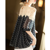 huidianyin Lace Summer Print Blouse Loose Women Hollow Crochet Splice Sexy Shirt Lady Casual Short Sleeve O Neck Tops Female 27262