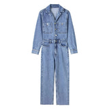 Huidianyin Blue Denim Jumpsuit Women Elegant Long Jumpsuits Woman 2023 Long Sleeve Jean Woman Jumpsuit Straight Leg Summer Overalls