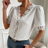 huidianyin Summer Lace Chiffon Blouse V-neck Fashion Shirts Women 2023 Casual Short Sleeve Tops Ladies Loose Floral Clothes 25713