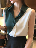 huidianyin Women Shirts V-Neck Chiffon Button Up Shirt Sleeveless Patchwork Womens Top Fashion Clothes Woman 2023 Basic Ladies Tops