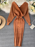 Huidianyin Elegant Knitted Sweater Dress Woman Vintage Slim Bodycon Party Prom Vestidos Female Fashion Solid Clothes Robe New