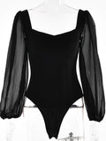 Huidianyin Mesh Long Sleeve Square Collar Slim Solid Bodysuit Elegant Sexy Party Festival Evening Summer Autumn Women Clothes