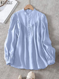 Huidianyin Spring Office Lady Tops Tees Oversized Blusa Femininas Women Pleated Blouse ZANZEA Casual Solid Loose Long Sleeve Shirts 912