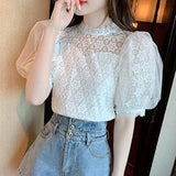 huidianyin Blouse Women Sweet Stand Collar Elegant Korean Shirt Summer Puff Short Sleeve Tops Flower Crochet Ladies Blusas Mujer 27168