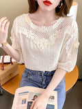 huidianyin Hollow Women Tops Summer French Style Sweet Blouse 2023 New Fashion Half Sleeve Clothes Apricot Lace Shirt Blusas 21217