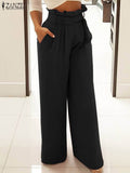 Huidianyin Summer Oversized Solid Trousers Casual High Waist Palazzo ZANZEA Fashion Wide Leg Pant Women Female OL Belted Long Pantalon