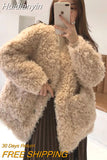 Huidianyin Loose Sheepskin Fur Jacket Winter Autumn Big Pocket Fluffy Coat Single Breated Loose Lamb Fur Outerwear