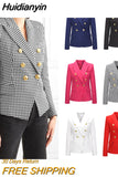 Huidianyin High Quality 2023 New Designer Blazer Women's Double Breasted Pocket Lion Buttons Slim Plaid Blazer Jacket Ladies