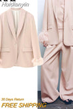 Huidianyin 2023 Pink Blazer Woman Fashion Button Jacket With Feathers Long Sleeve Blazer Suits For Women Spring Elegant Womens Jackets