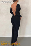 Huidianyin Autumn Ruched Y2K Clothes Long Sleeve Backless O-Neck Bodycon Midi Dresses For Women 2023 Club Birthday Party Elegant