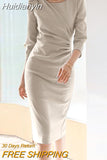 Huidianyin Elegant Women Office Work Midi Dress Fashion Spring 3/4 Sleeve Casual Pleated Party Vestido Robe Femme OL Pencil Sundress