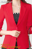 Huidianyin Solid Color Elegant Red Blazer Women Jacket England Style Slim Fit Long Sleeve Outerwear Notched Collar Single Button Top