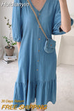 Huidianyin Retro Women Dress ZANZEA Summer Puff Sleeve Maxi Vestidos Casual Solid Denim Blue Baggy Sundress Oversized Robes Longue