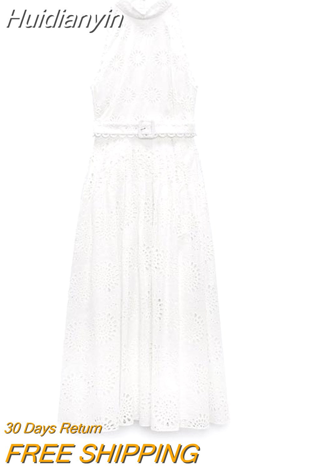 Huidianyin Hollow Out Sleeveless White Dress Women Fashion Loose O Neck Midi Dresses 2023 Summer Casual Chic Female Party Vestidos