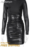 Huidianyin Pu Leather Mini Dress Ruched Turtleneck Long Sleeve Bodycon Bandage Sexy Streetwear Party Elegant Autumn Winter Club