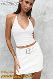 Huidianyin 2023 Women 2 Two Pieces Summer Halter V Neck Sleeveless Crop Tank Top Belt Mini Bodycon Skirts Streetwear Sets