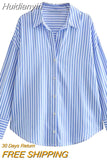 Huidianyin Striped Button Up Shirt Women Blue Collared Oversize Shirt Woman Fashion Loose Summer Blouses Woman 2023 Long Sleeve Top