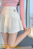 huidianyin Women High Waist Pleated Skirts Metal Letter D Design Fashion Club Wear Korean Sweet Girl Kawaii A-Line Casual Mini Skirt