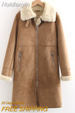 Huidianyin Thick Warm Long Suede Jacket Parka Trench Faux Shearling Sheepskin Leather Lamb Fur Coat Vintage Female Overcoat Outwear