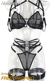 Huidianyin Mesh Lingerie Sensual Crotchless Erotic Sets Transparent Women's Underwear Uncensored Video Black Sexy Intimate 4-Piece