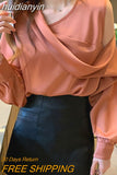 huidianyin Slim Women Off-Shoulder Long Sleeve Chiffon Blouse Autumn 2023 Elegant Satin shirt Solid OL Tops Chemisier Femme 11202