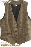 Huidianyin Women Vintage Plaid Waistcoat Sleeveless Jacket Chic Lady Vest Woman 2023 New Outwear