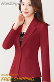 Huidianyin Solid Color Elegant Red Blazer Women Jacket England Style Slim Fit Long Sleeve Outerwear Notched Collar Single Button Top