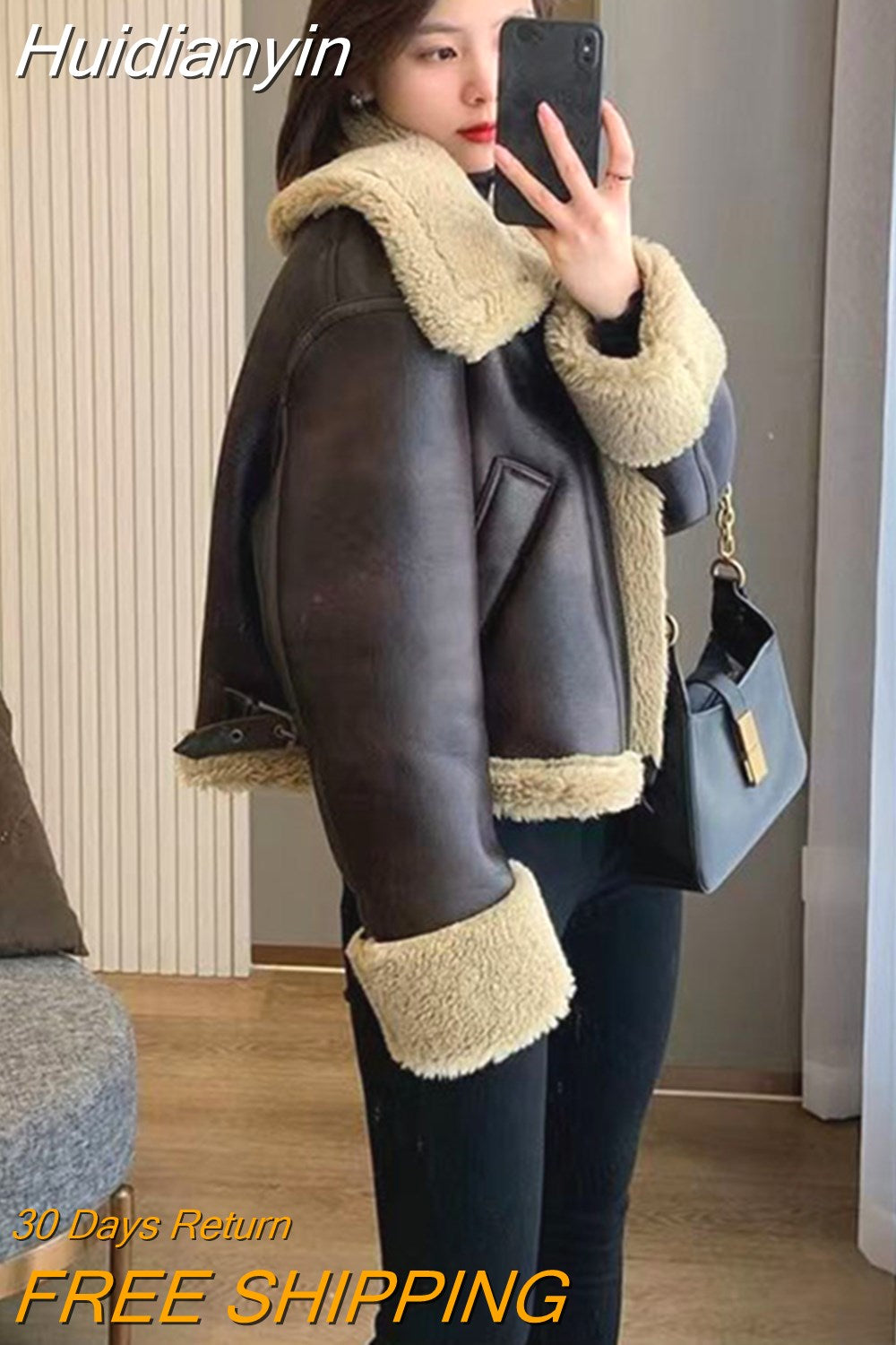 Huidianyin Warm Waterproof Sheepskin Lamb Coat Thick Loose Parka Faux Fur Leather Jacket Female Plus Size Zipper Moto Biker Outwear