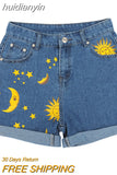 huidianyin Moon Sun Print Loose Fit Denim Shorts For Female 2023 Summer New Hemming Blue Boyfriend Style Women's Short Pants