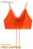 Huidianyin Top Women Satin Top Woman Orange Summer Crop Top Female Backless Pink White Top Women Straps Sleeveless Sexy Tanks Camis