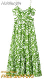 Huidianyin 2023 Cut Out Slip Long Dress Women Summer Green Floral Dress Woman Pleated Backless Sexy Party Dresses Beach Holiday Dress