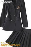 Huidianyin Loose Suit Pleated Skirt Two-Piece Set New Spring Autumn Jacket Blazer+Mini A-Line Skirts Loose 2 Piece Suit