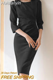 Huidianyin Elegant Women Office Work Midi Dress Fashion Spring 3/4 Sleeve Casual Pleated Party Vestido Robe Femme OL Pencil Sundress