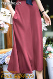 Huidianyin 2023 Fashion Autumn High Waist Skirt Elegant Women Office Lady Satin A-line Midi Skirts Summer Solid Faldas Saia Jupe