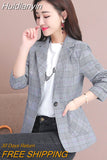 Huidianyin Vintage Casual Plaid Blazer Women Fashion Single Button Office Ladies Jacket Coat Notched Collar Long Sleeve Blazer