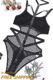 Huidianyin Sheer Knit Fish Net Mesh Bodysuit Women Sexy Goth Lingerie Overalls Hollow Out Sleeveless Body Black Lace Top